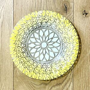 Signed Vintage Art Glass Plate Yellow White Clear Lacy Pattern 8.75 in